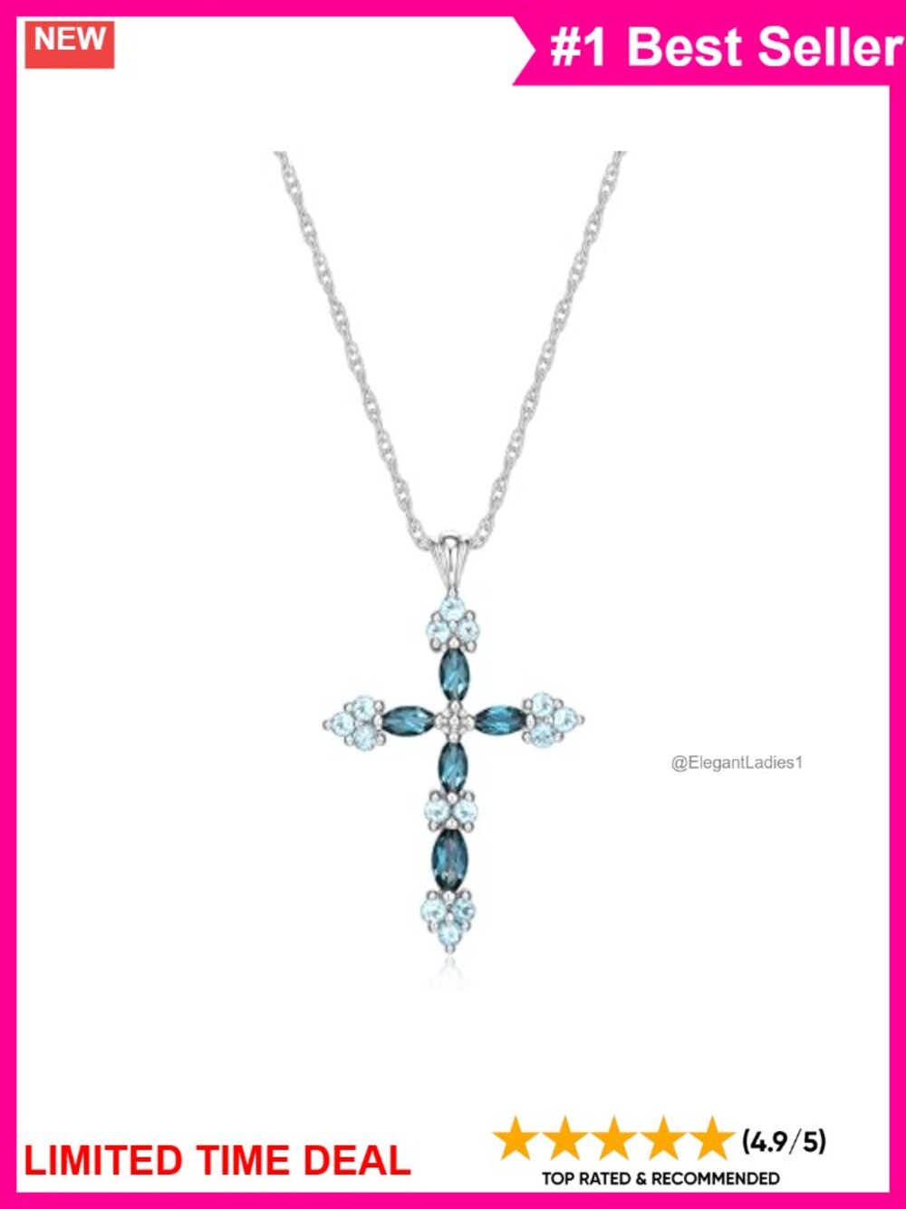 Sterling Silver Cross Pendant Necklace with Blue Topaz Gemstones